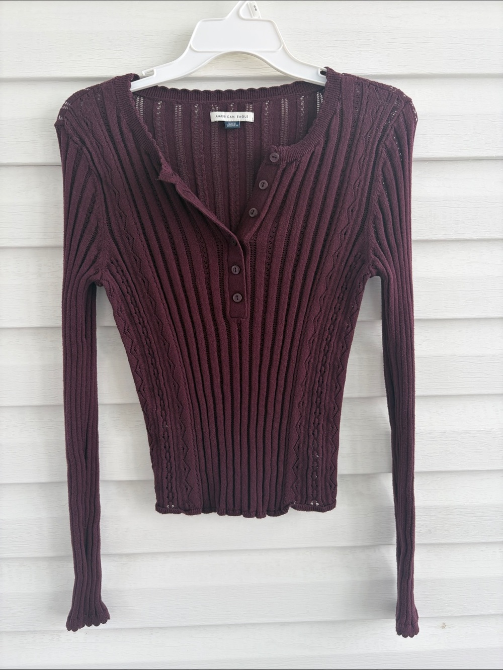 American Eagle Burgundy Pointelle Ribbed Henley Top Y2K Fitted Long Sleeve